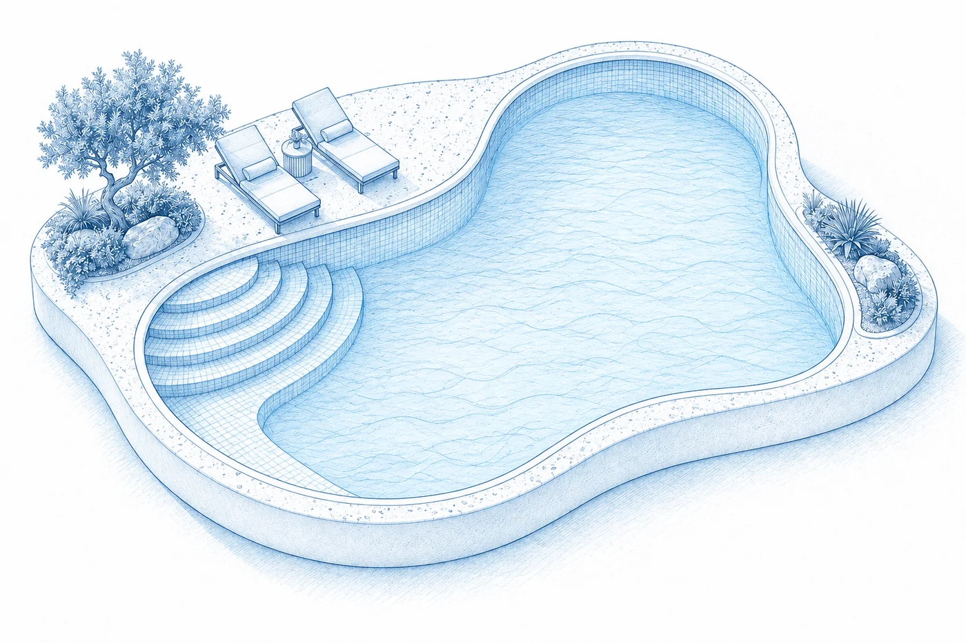 Blue architectural sketch of the same curved swimming pool concept