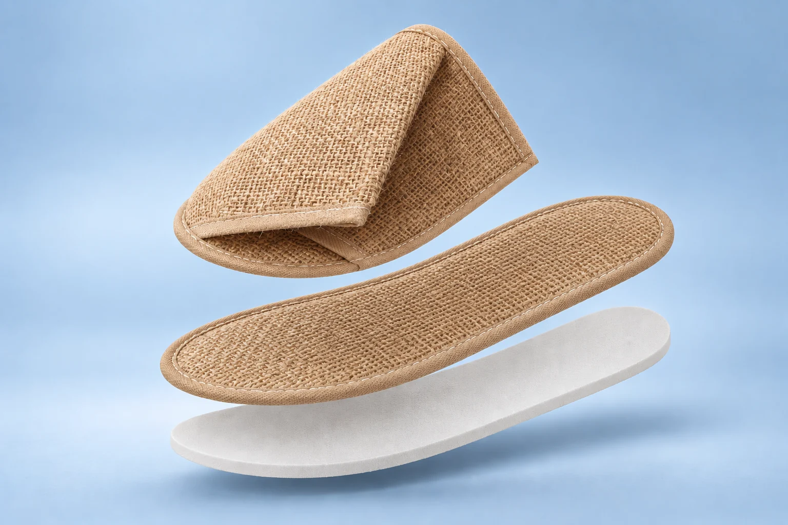 Illustrative arrangement of slipper upper fabric, edge binding and sole construction