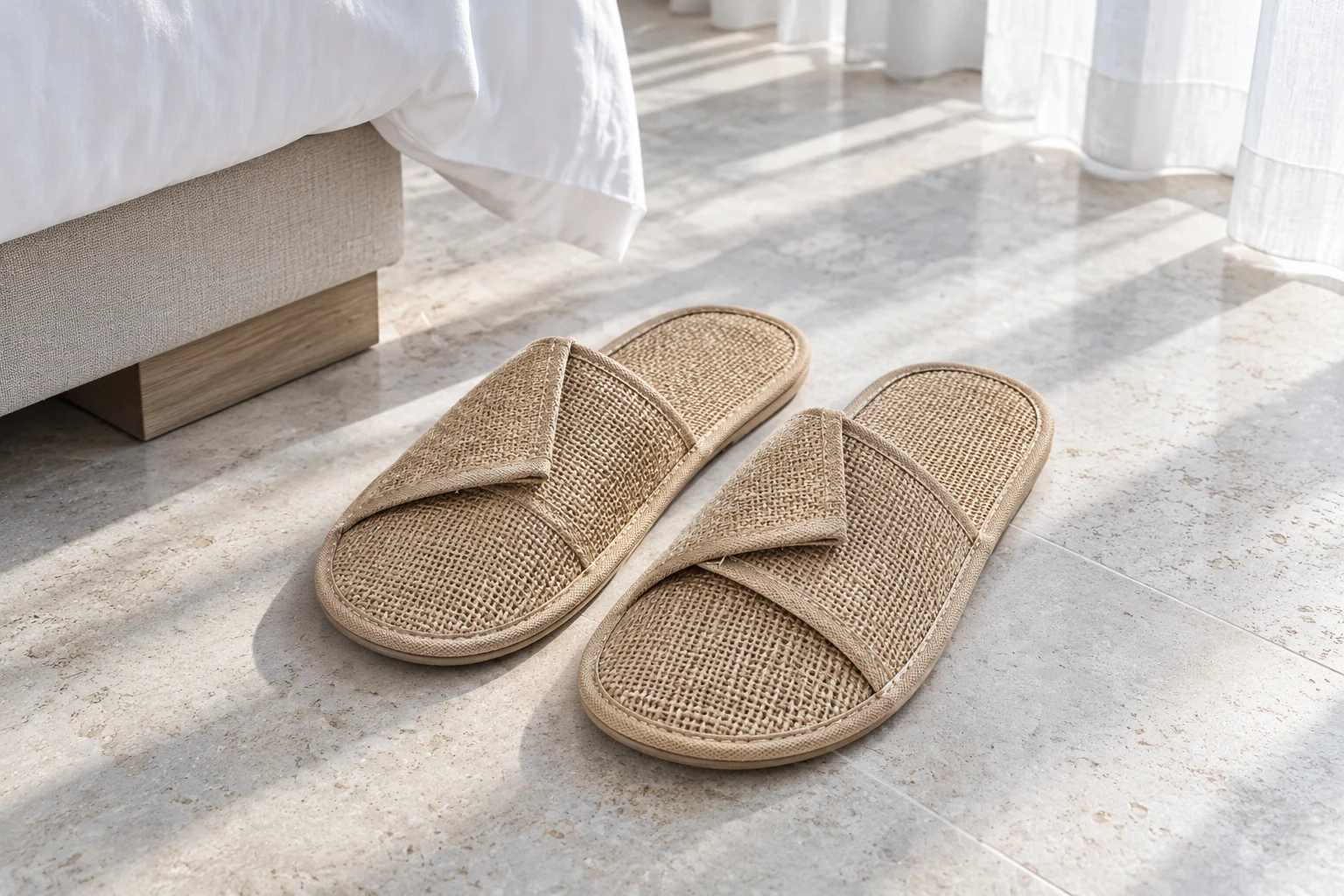 Hotel slippers on a limestone floor beside a softly dressed bed and curtains