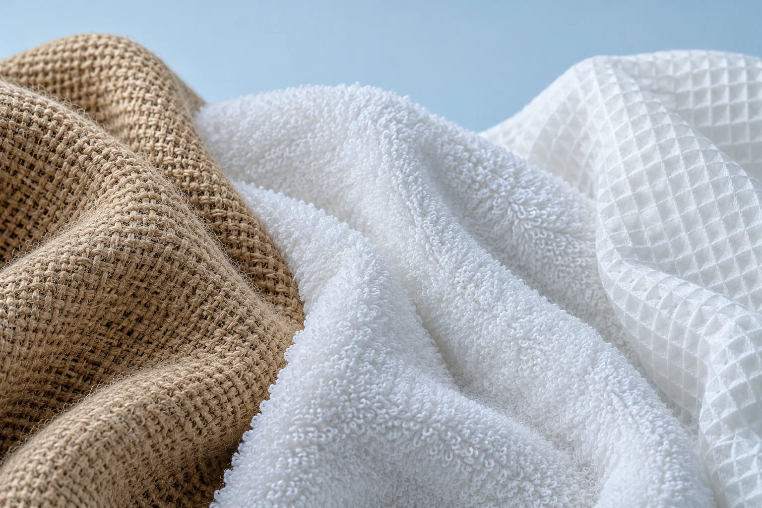 A close study of natural jute weave, soft terry towel loops and white waffle fabric